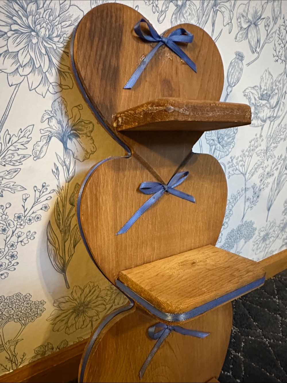 Wooden Heart Tiered Wall Shelf with Blue Ribbon Accents - Picture 5 of 12